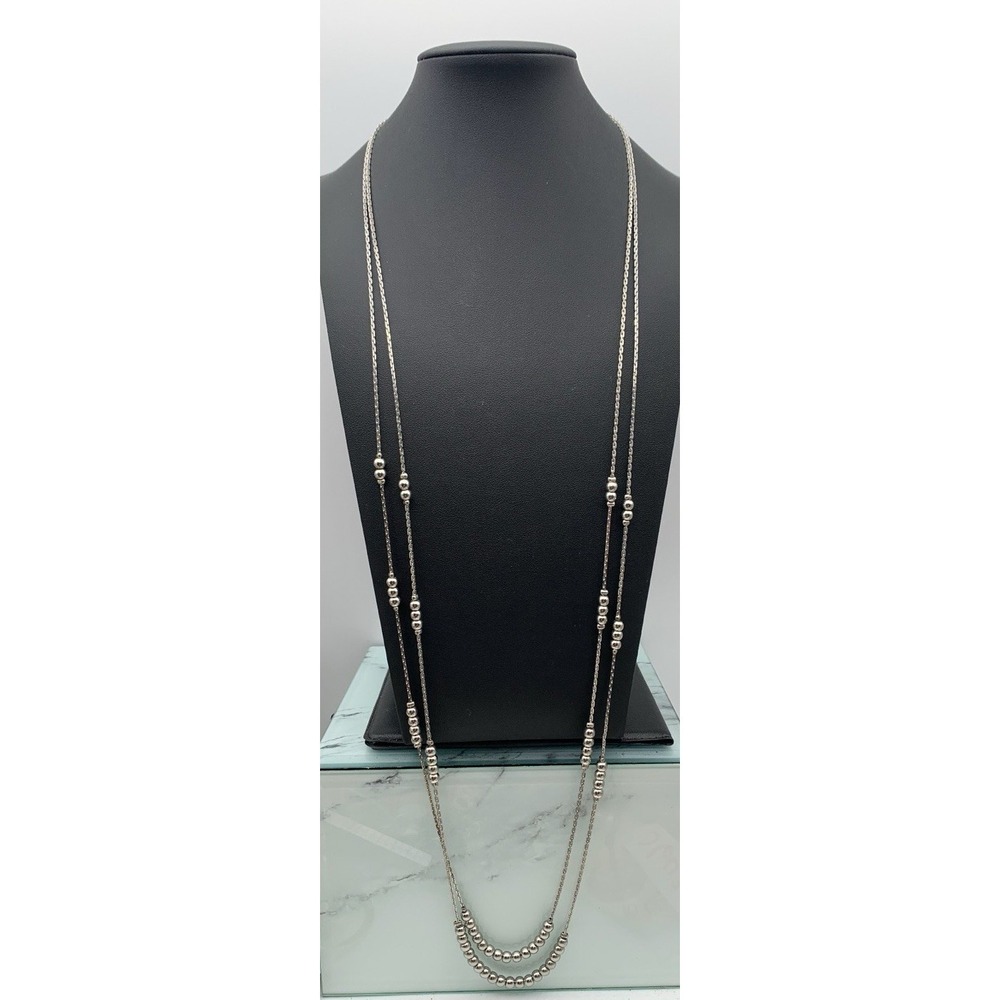 American Eagle Silver Tone Long Double Layer Beaded Stations Necklace 33-35"